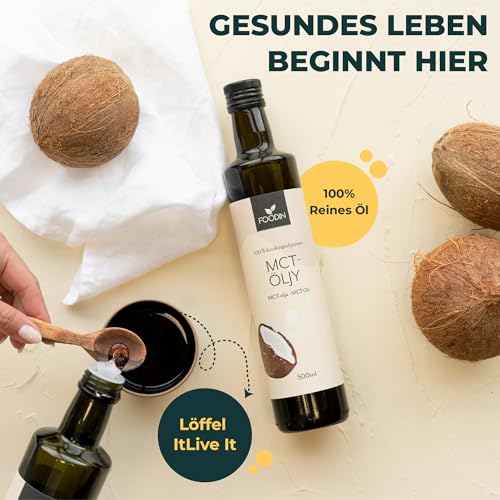 FOODIN MCT Öl 1000ml (2 x 500 ml) aus 100% Kokosöl, Medium-Chain Triglyceride (MCT) Oil, Hergestellt aus produzierter Kokosnuss, 100% glutenfrei und vegan, Ideal für Ketogene Ernährung