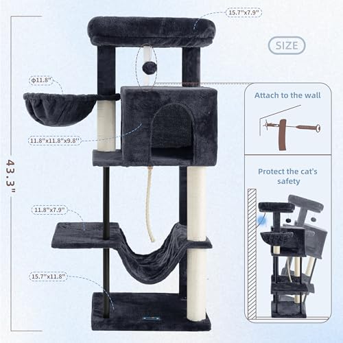 Image of Gitelsnour Cat Tree, Cat Tower for Indoor Cats, 43.3 inch Cat Tree Tower with Sturdy Steel Tube, Hammock, Cat Condo for Small Cats and Kittens, Scratching Post, Smoky Gray GCT004SG