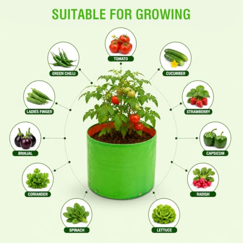 Image of Anandi Green's Premium HDPE Uv Protected 220 GSM Round Shaped Green Colour Plants Grow Bags Suitable for Terrace and Vegetable Gardening (Pack of 6, 15X15 INCH)