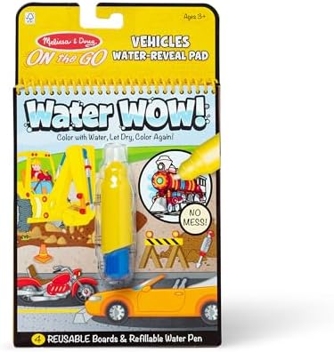 Melissa & Doug 3+ Years On The Go Water Wow! Vehicles Reusable Water-Reveal Activity Pad, Chunky-Size Water Pen (Multicolor)