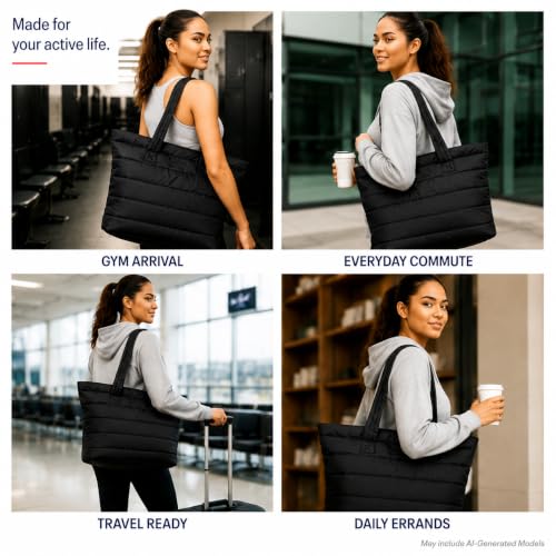 Image of Reebok Womens Tote Bag - Lightweight Carry On Puffer Quilted Tote Bag for Travel Work Travel and Daily Essentials