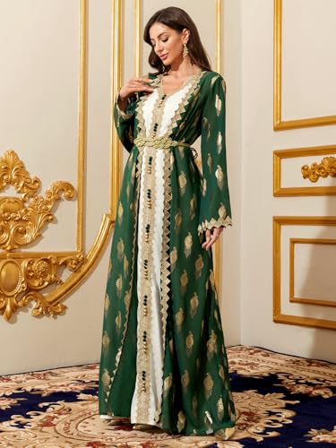 Middle Eastern Modest Maxi Dress - Muslim Moroccan Kaftan Abaya for Women Gold Embroidered Eid Dress Islamic Traditional Wear3