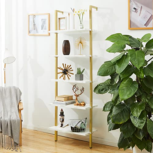 Image of SUPERJARE Modern Ladder Shelf, 5-Tier Open Wall-Mounted Bookshelf with Stable Metal Frame, 72 Inches Storage Rack Shelves, Stand Bookcase for Home Office (Marble & Gold)
