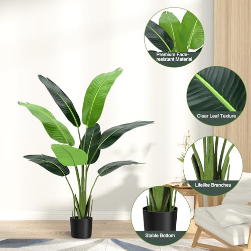 Bird of Paradise Artificial Plant,4FT Faux Tropical Palm Potted Tree Fake Artificial Bird of Paradise Plant for Indoor House Home Office Housewarming