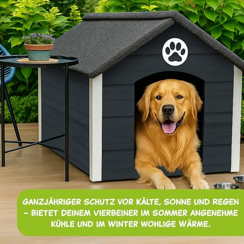 Outentin Hundehütte Outdoor Isoliert - Hundehaus für Große Hund - Winterfest und Wetterfest - Hunde Haus für Draußen mit schrägem Dach - Stabile Villa und Moderne Design - 103 x 90 x 70cm-Grau