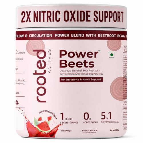 Image of Rooted Actives Power Beets | Beetroot Powder with BCAAs, L-Arginine, L-Carnitine & Resveratrol | Watermelon Mint Flavour | Zero Added Sugar | 5-in-1 Superfoods Blend | 25 Servings | 250g | Powder