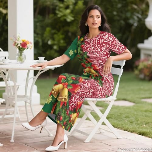 Image of Polynesian Dress for Women Short Sleeve High Waist Maxi Skirt | Puletasi dress, t-shirt and skirt two-piece, elastic material, lightweight, soft, plus size, luau party, wedding, clubwear