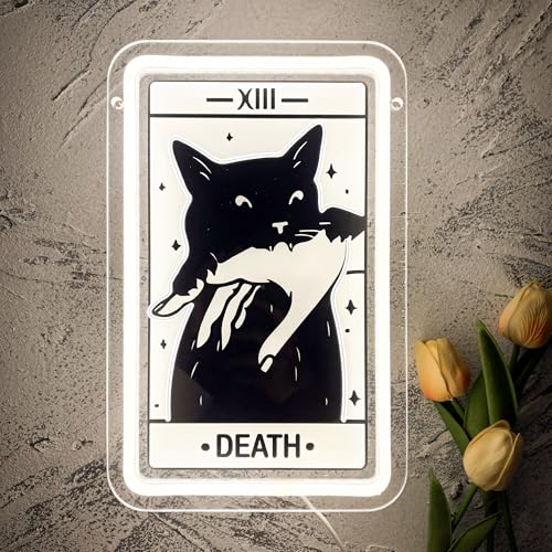 Image of Tarot Card Neon Sign, Death Tarot LED Halloween Neon Light Sign USB Powered, for Gothic Bedroom Game Room Black Cat Party Man Cave Decor, Birthday Gifts(11.8 * 7.4 In)