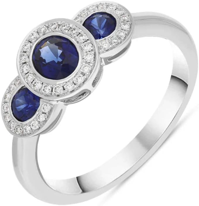 PVN Jewels White Platinum Plated Three-Stone Sapphire and Diamond Halo Ring Blue Sapphire Trilogy Engagement Ring for Women