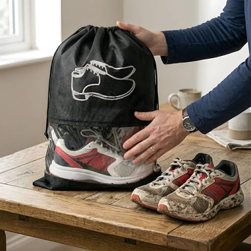 Image of Hian Black Shoe Storage Bags with Transparent Window & Drawstring Closure - Non-Woven Travel Footwear Organizer, Dustproof Reusable Shoe Covers for Luggage, Closet & Gym Use - Pack of 6