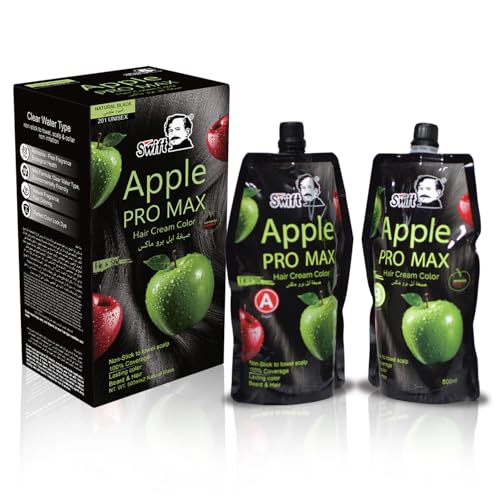 SWIFT Apple Pro Max Gray Coverage Hair Dye Natural Black Hair Color Cream for hair and beard no Skin Touch Long Lasting 500ml+500 Unisex (Natural Black 201)