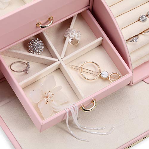 Vlando Women Jewelry Box Organizer - Large Leather Jewelry Storage Box With Locked, Mirrored, 3 Drawer For Watch Necklace Ring Earring Storage, Gift For Girl Women And Mom - Pink #TOP7
