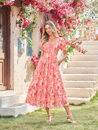 Scarlet Darkness Women Floral Cottagecore Dress Puff Sleeve Maxi Ruffled Corset Dress Pink Peach Floral M — view 2