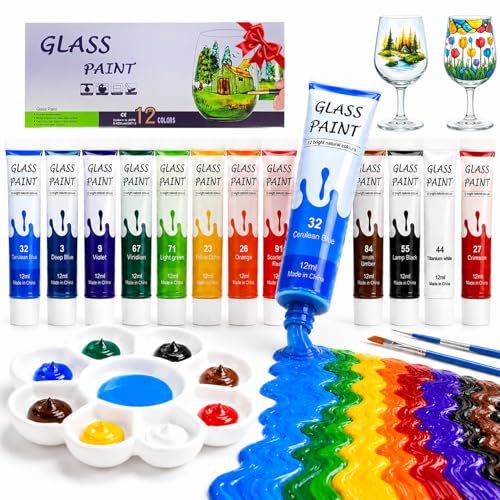 Professional Acrylic Glass Paint Stained Transparent Glass Window Paint Set Great for Glass Painting Wine Glasses Light Bulbs Ceramic Non-Toxic Waterproof Acrylic Enamel Paint Kit for Christmas Art Decor(12 Colors / 5.04 Oz)