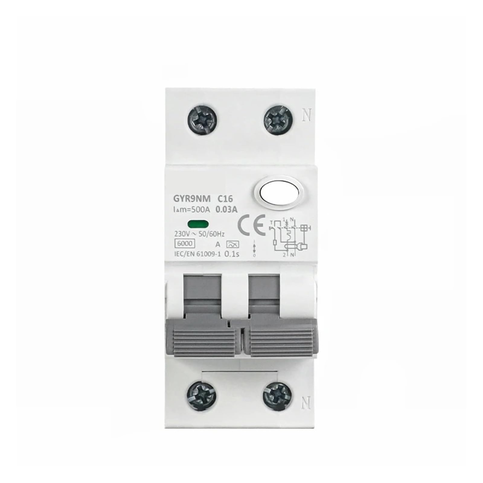 GYR9NM Type A RCBO 2P 4P Magnetic Circuit Breaker with Over Current and Leakage Protection Din Rail 16A 40A Type AC(Type AC,2P C16A 30mA)