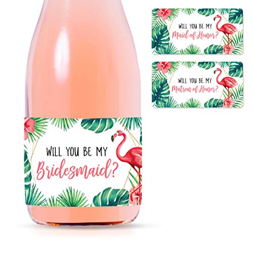 Andaz Press Mini Champagne Wine Bottle Proposal Labels, Will You Be My Bridesmaid? Matron Maid of Honor?, Tropical Leaves Pink Flamingo, 20-Pack, Favor Gift Labels Bride Asking Friends to Plan Wedding