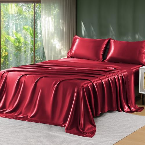 Sasttie Satin Sheets Queen Size - 4 Pieces Luxury Soft Wine Silky Bed Sheets Set with Pillowcases - Smooth Silk-Like Satin Fabric Reinforced 14 Inches Pocket Oeko-Tex Certified