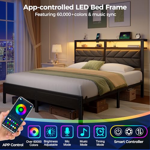 Image of Seventable Full Size Bed Frame with Charging Station & LED Lights, Upholstered Headboard with Storage Shelves, Metal Platform with Under Bed Storage, No Box Spring Needed, Easy Assembly, Dark Grey