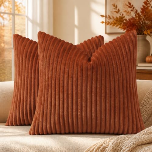 Simmore Decorative Fall Throw Pillow Covers 18x18 Set of 2, Soft Natural Plush Flannel Double-Sided Fluffy Couch Pillow Covers for Sofa Living Room, Rust