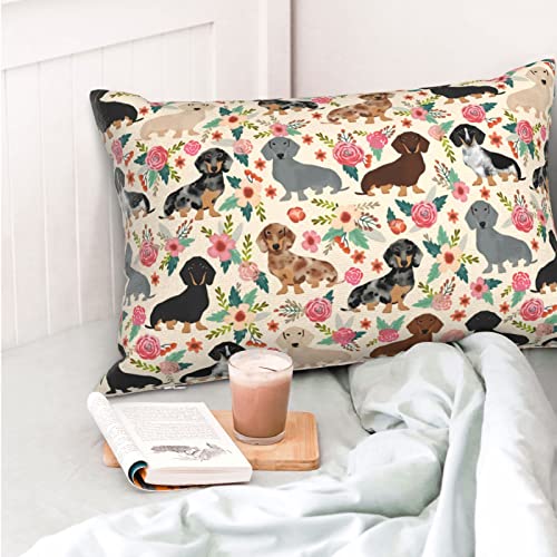 Dachshund Dogs Pink Flowers Pillowcase With Hidden Zipper Microfiber Pillow Cover Queen Size 20"X 30", Breathable And Ultra Soft For Sofa Bed Sleeping #TOP3