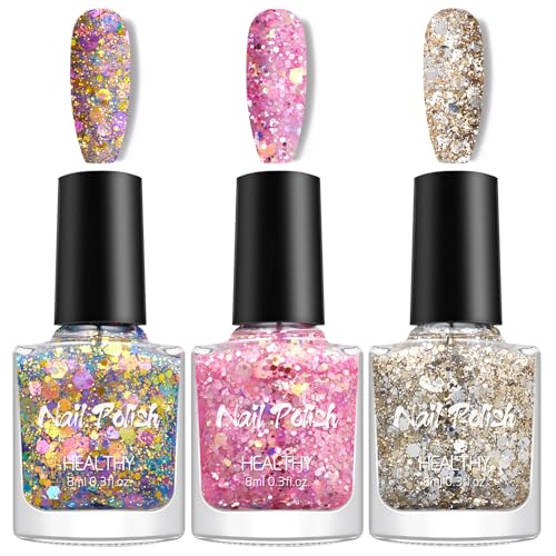 Juego de 3 esmaltes de uñas con purpurina, brillante, de secado rápido, de larga duración, no tóxico, esmalte de uñas a base de agua para principiantes, manicura, salón de uñas, esmalte de uñas de