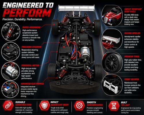 Image of 1:16 RC Drift Car 4WD High-Speed Remote Control Vintage Racing Car with 2.4 GHz Steering Controller, LED Lights, Rechargeable Battery, 35 km /h Toy Car for Kids Adults