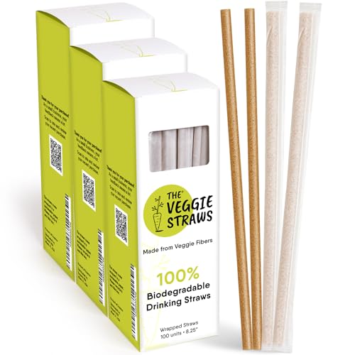 Image of The Veggie Straws - 300 PCS of 8.25 Inches Individually Wrapped Biodegradable Straws - Made of Vegetable Fibers, Best Environment Friendly Drinking Straws for Hot and Cold Beverages
