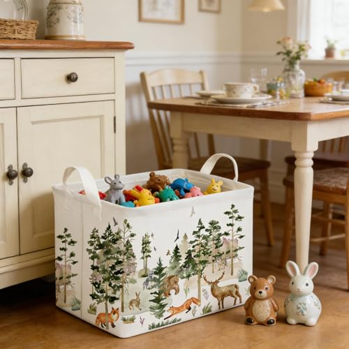 Image of Rectangular Woodland Animal Basket Kids Baby Storage Basket,Bear Fox Boys Girls Gift Toy Box Bin for Nursery, Shelf Book Woodland Room Decor,Gift Baskets(Tree animals)