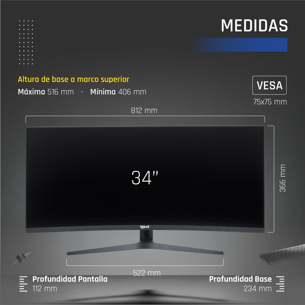 iggual Monitor 4K UltraWide Curvo 34" 21:9 WQHD 3440x1440px, 165 Hz, FreeSync, HDR, R1500, VA, 2xHDMI 2xDP, VESA 75x75,-Regulable Inclinación y Rotación. - Diseño Frameless