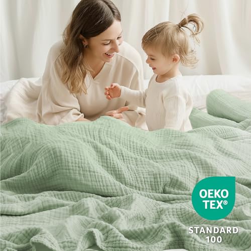 Image of 100% Cotton Muslin Blanket Queen 90 inch x 90 inch, 6 Layers Breathable and Lightweight Cotton Throw Blanket for Bed, Soft Quilt Bedspread Coverlet, Gauze Blanket for Adults All Season, Sage Green