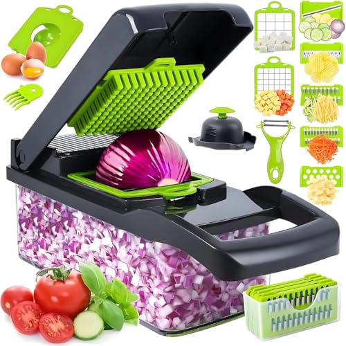 Picador de verduras profesional 16 en 1 con contenedor, mandolina de cocina multifuncional, pelador, espiralizador, exprimidor de limones, cortador de huevos y separador
