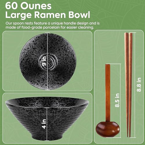 Image of NJCHARMS Ceramic Ramen Bowl Set of 2, 60 oz Japanese Noodle Soup Bowls with Spoons and Chopsticks for Ramen Soup Pho Udon Asian Noodles, Large Noodle Bowls(Black