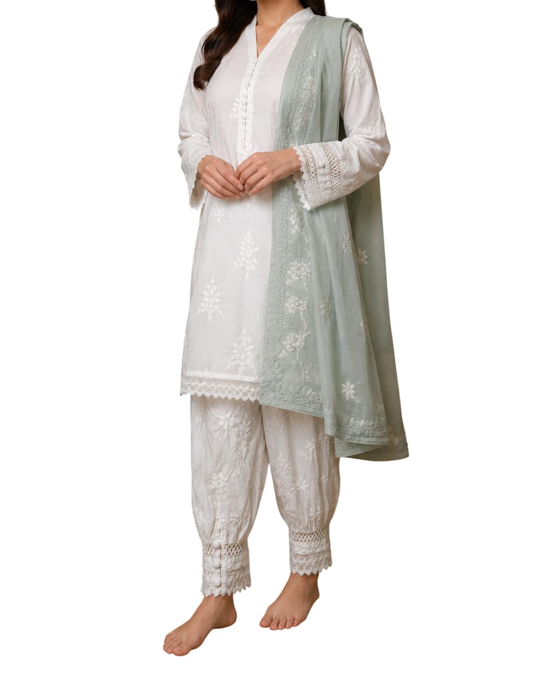 Women's Chikankari Pant, White,Floral Embroidery, Lace Detail-picture-46