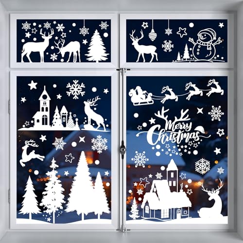 Vetrofanie Natalizie per Finestre, 9 Fogli Adesivi Natalizi per Finestre Vetro Decorazioni Natalizie Riutilizzabili Bianche Vetrofanie Natale per Vetrine Negozio Grandi Addobbi Natalizi per la Casa