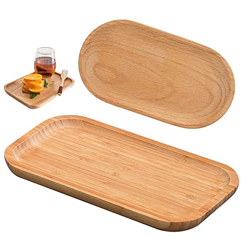 2 Stück Holztabletts aus Holz, Bambus Tablett Rechteckig und Kleines Ovales Tablett aus Holz, Dekoplatte Tablett, Rechteckige Frühstücks Serviertabletts, für Kaffee, Getränke, Dessert, Brot Cover
