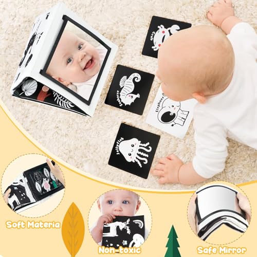 Image of URMYWO Tummy Time Mirror Toys, Visual Stimulation Learning Cards, High Contrast Black and White Baby Toys for Newborn, Soft Baby Book for Infant 0-12 Months, Baby Boy Girl Shower Gift