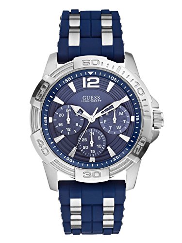 GUESS Iconic Blue Stainless Steel Stain Resistant Silicone Watch with Day, Date + 24 Hour...