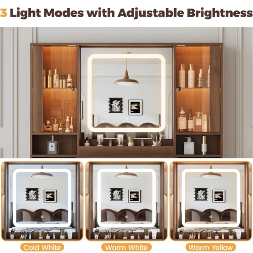 Image of BORNOON Vanity Desk with Mirror and Lights, Makeup Vanity with 7 Drawers, 2 Glass Door Cabinets, Charging Station, Adjustable Shelves, RGB Lighting, Holder
