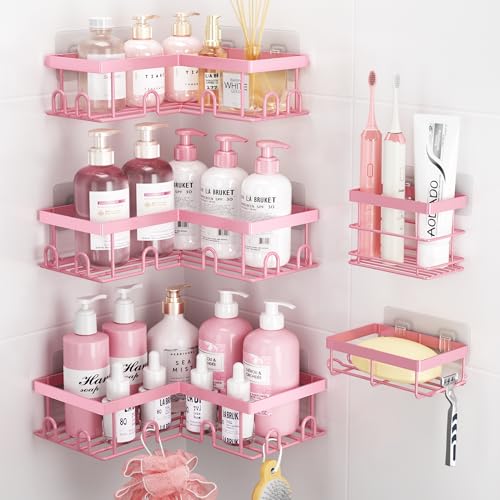 Liuoud Corner Shower Caddy 5 Pack Adhesive Stainless Steel Organizer Pink