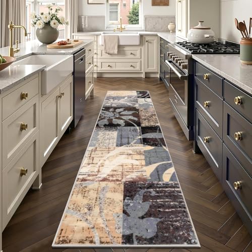 Yamaziot Modern Abstract Runner Rug, Ultra Soft 2x6+2x8ft Washable Patchwork Rug with Non-Slip Backing, Low Pile Throw Carpet for Hallway, Entryway, Kitchen, Bedroom (Beige, Geometric Floral