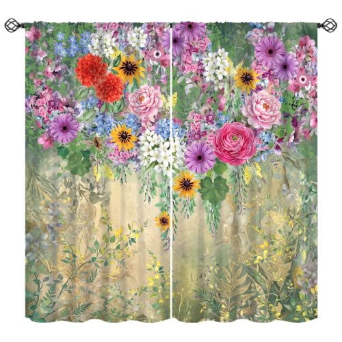 SHElifestyle Watercolor Flowers Window Curtains, Nature Colorful Plants Wildflowers Window Treatments Floral Cascade Pink Green Drapes for Living Room Kitchen Bedroom W52xL84in