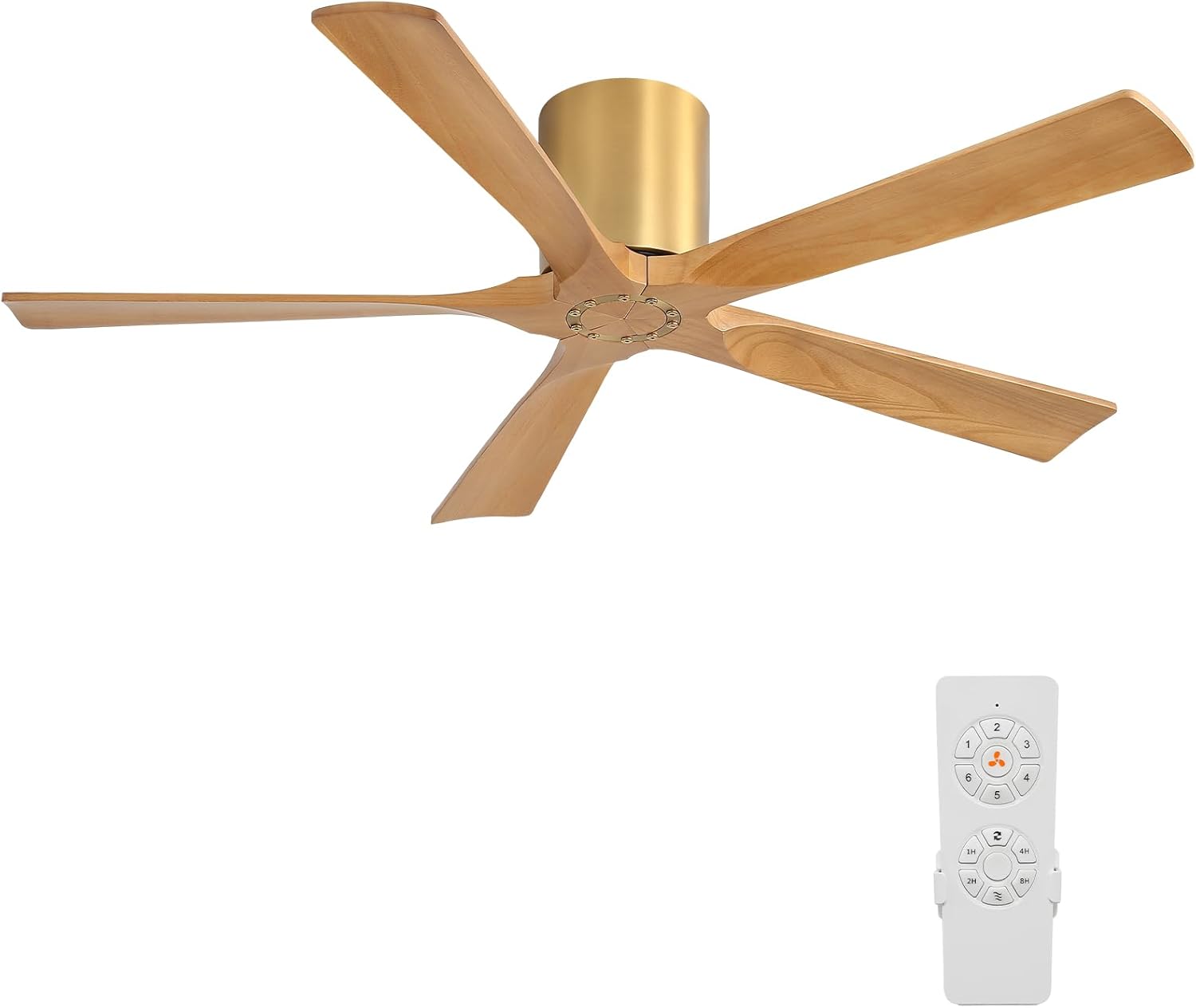 ELEHINSER 52 inch Low Profile Ceiling Fan without Light, 5 Solid Wood Blades, 6-Speeds, Quiet DC Motor, Timer, Flush Mount Modern Ceiling Fan with Remote for Living Room Bedroom, Gold + Beechwood