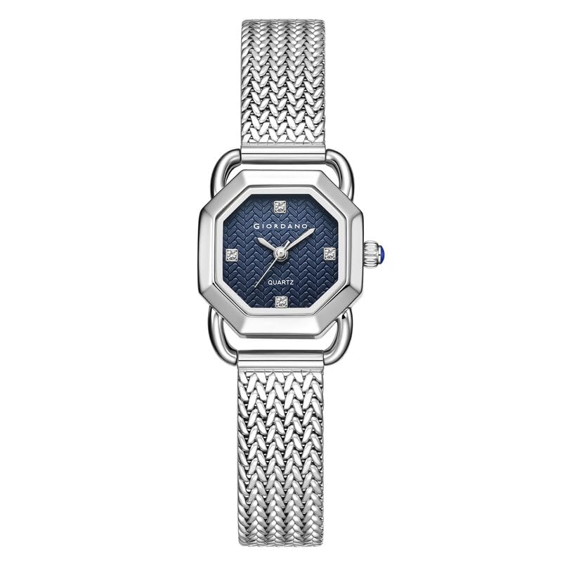 Image of Giordano Analog Quartz Watch for Women with Octagonal Textured Dial, Crystal Hours Markers, Blue Crown and Mesh Metal Strap
