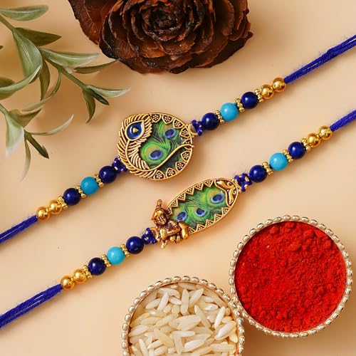 Image of eCraftIndia Set of 2 Om & Rudraksha Rakhis with Roli Pack - Rakhi for Brother