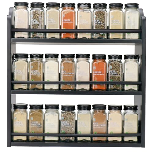 Image of 3-Tier Bamboo Spice Rack, Wall Mount & Countertop Spice Organizer | Seasoning Jars Rack Shelf Spice Organizer for Kitchen, Spice Storage Holder with handles, Front and Rear Protective Design