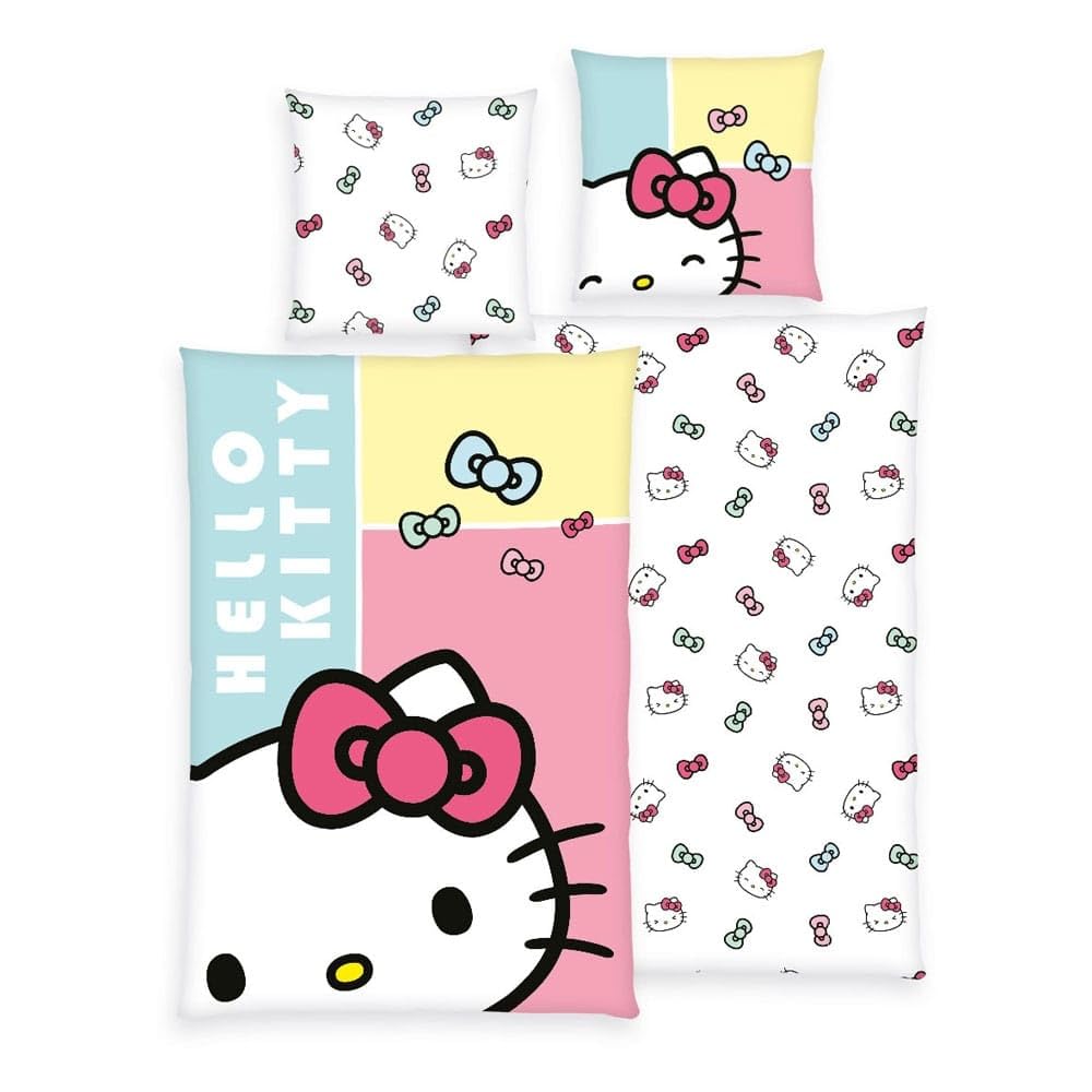 Herding Hello Kitty Bed Linen, Pillowcase Approx. 80 x 80 cm, Duvet Cover Approx. 135 x 200 cm, with Zip and Reversible Motif, 100% Cotton/Renforcé