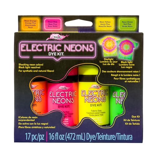 Tulip Electric Neons Tie-Dye Kit, Party Activity, Black Light Reactive Fabric Dye, Pre-mixed Green, Yellow, Orange, Pink, Easy Application & Clean-up, Precision...