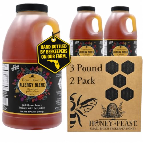 HONEY FEAST Allergy Blend Honey 3 Pounds (Pack of 2), Raw &amp; Unfiltered – Floridian Origin, Enhanced Pollen Content, Beekeeper-Crafted in Central Florida