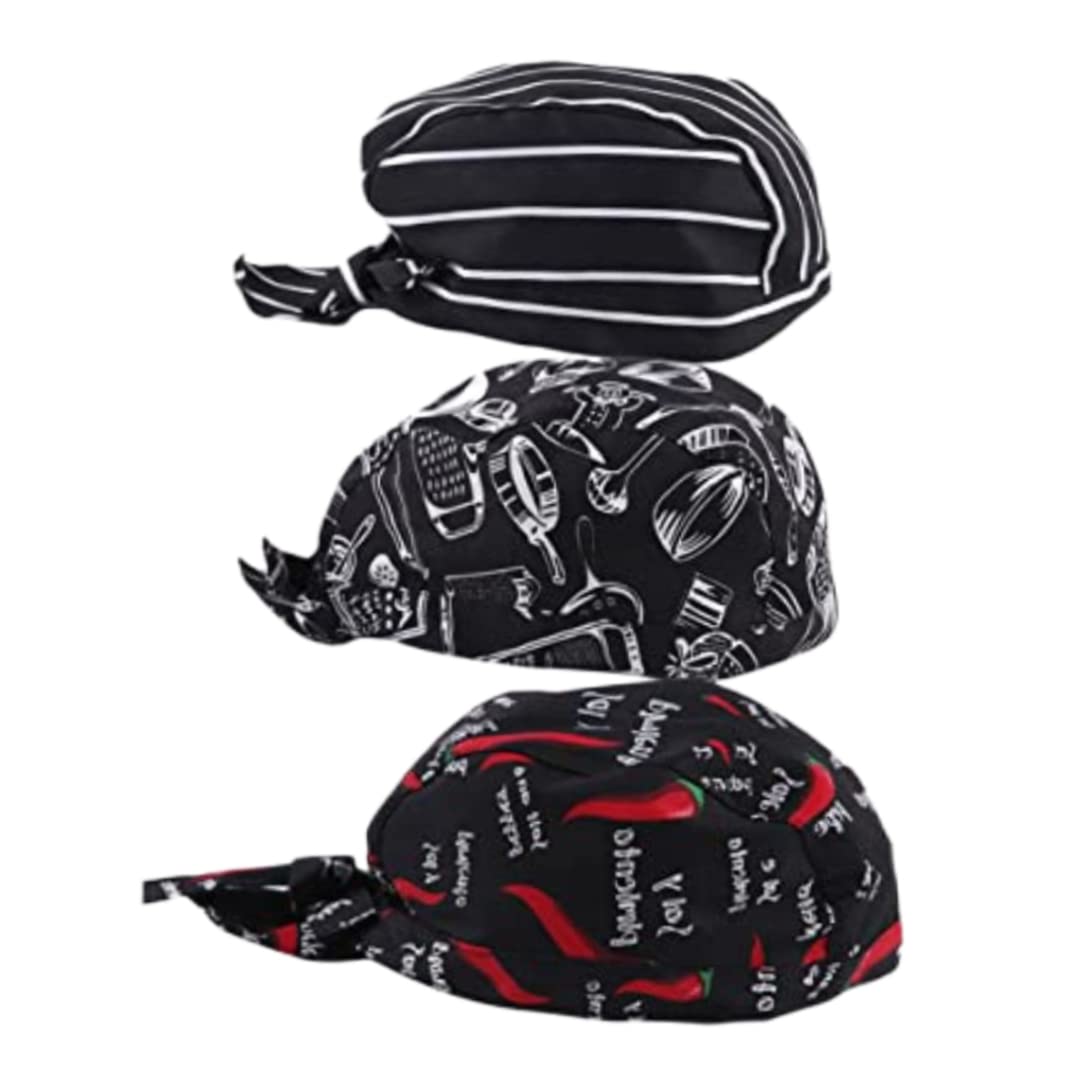 Tsawntd Unisex 3Pcs Chef Hats Bakers Hats Chefs Pirate Cap Chef Hat, Bandana Waiter Work Cap Catering Hat, Catering Bandana Elastic Headwrap For Kitchen Style 1