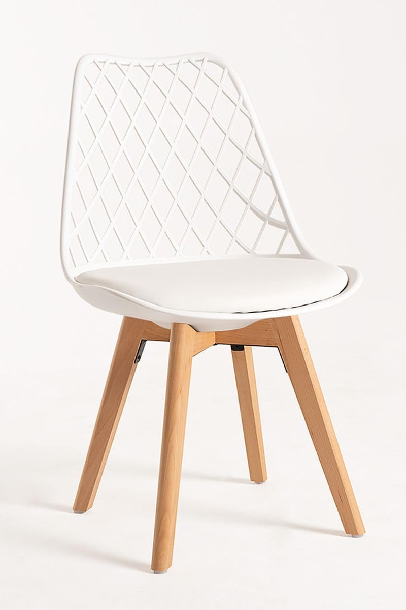Regalos Miguel Set di 4 sedie Mima bianche, per sala da pranzo e cucina, stile nordico, struttura in polipropilene, seduta imbottita in similpelle e gambe in legno di faggio